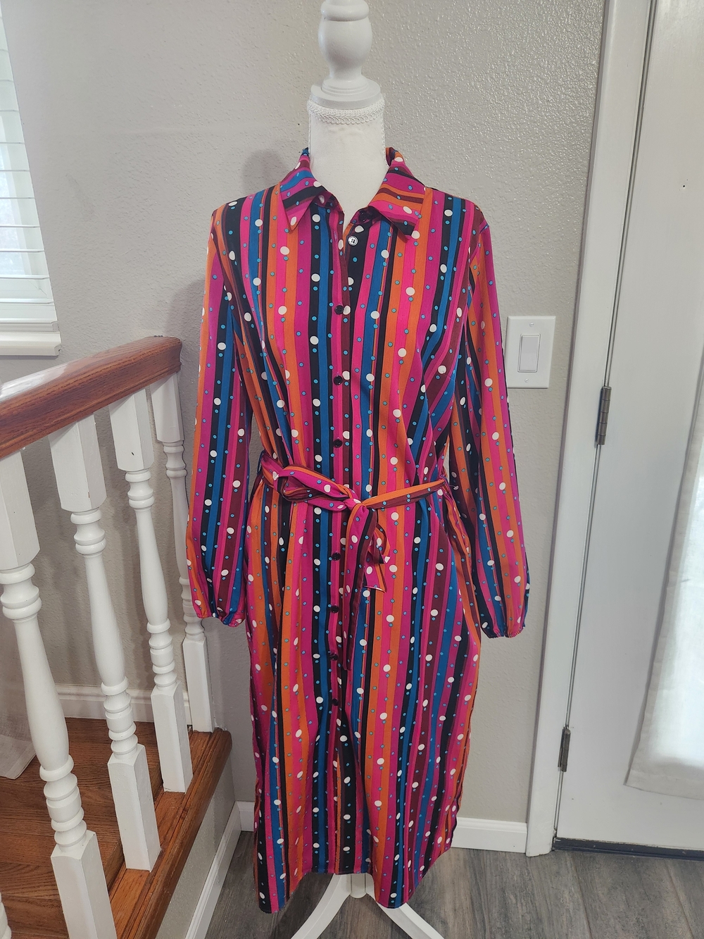 Button-Front Striped Polka Dot Long Sleeve Dress - Pink Multicolor